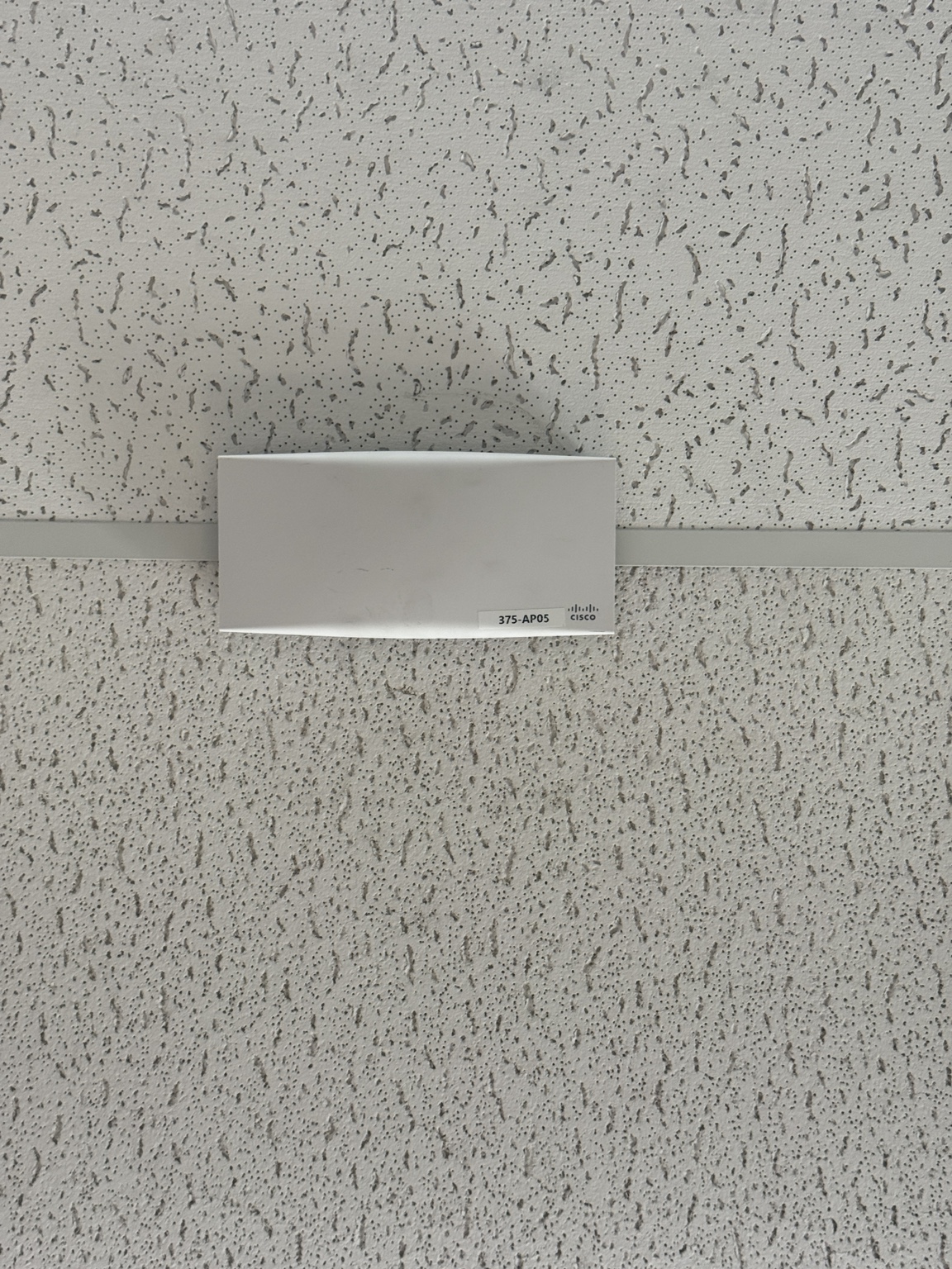 Labeled Cisco access point mounted to ceiling